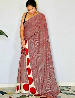 Red striped satin block print saree 2