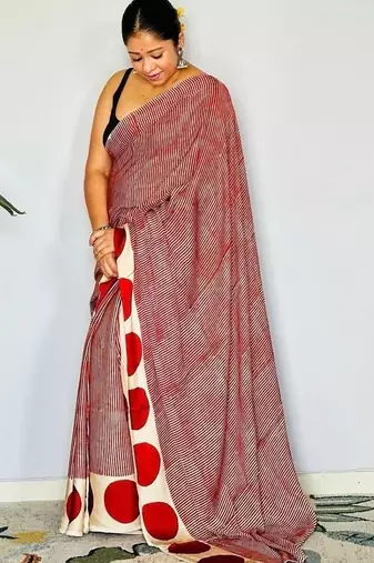 Red striped satin block print saree