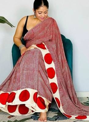 Red striped satin block print saree 3