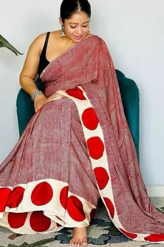 Red striped satin block print saree