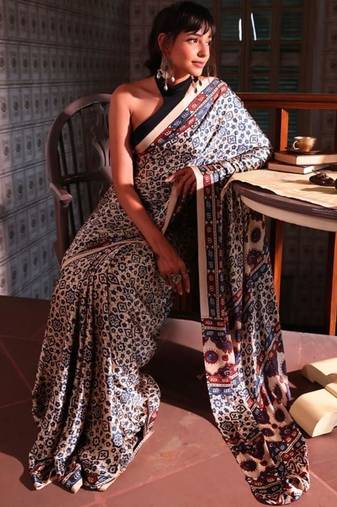Cream ethnic motifs satin block print saree