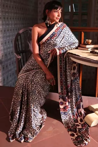 Cream ethnic motifs satin block print saree