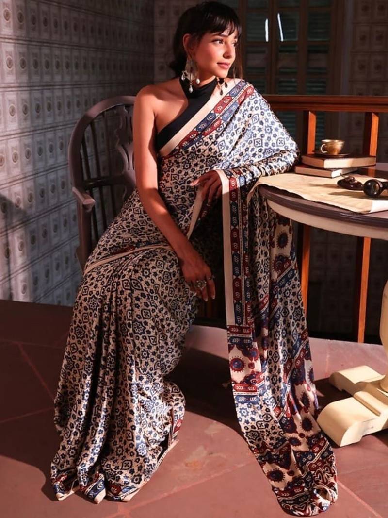Cream ethnic motifs satin block print saree