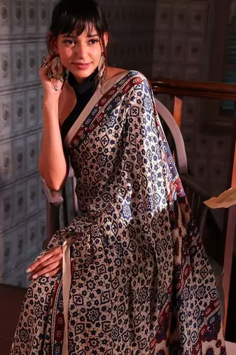 Cream ethnic motifs satin block print saree