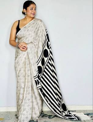 Off white ethnic motifs satin block print saree 1