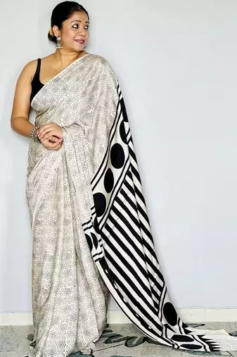 Off white ethnic motifs satin block print saree