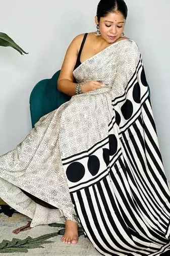 Off white ethnic motifs satin block print saree