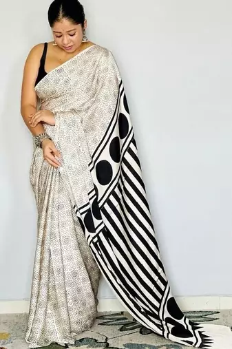 Off white ethnic motifs satin block print saree