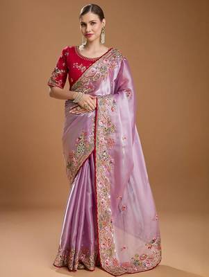 Lavender jimmychoo embroidery work saree with unstitched blosue piece 1