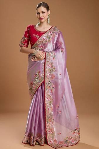 Lavender jimmychoo embroidery work saree with unstitched blosue piece