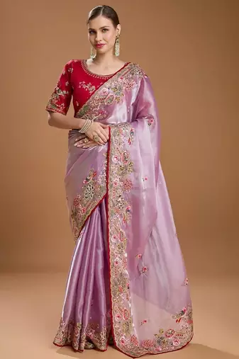 Lavender jimmychoo embroidery work saree with unstitched blosue piece