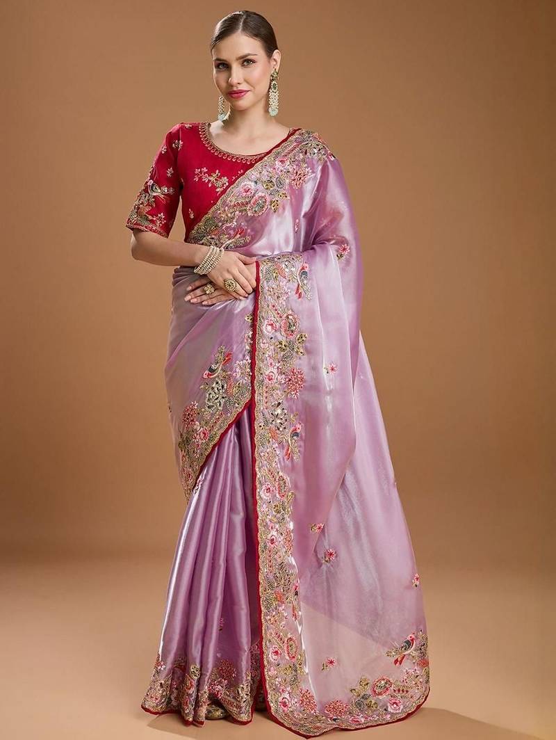 Lavender jimmychoo embroidery work saree with unstitched blosue piece