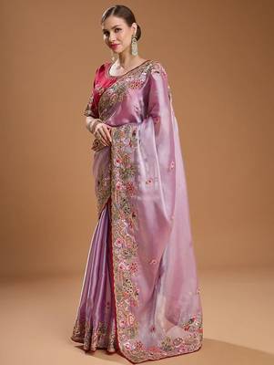 Lavender jimmychoo embroidery work saree with unstitched blosue piece 2