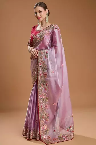 Lavender jimmychoo embroidery work saree with unstitched blosue piece