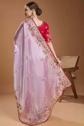 Lavender jimmychoo embroidery work saree with unstitched blosue piece