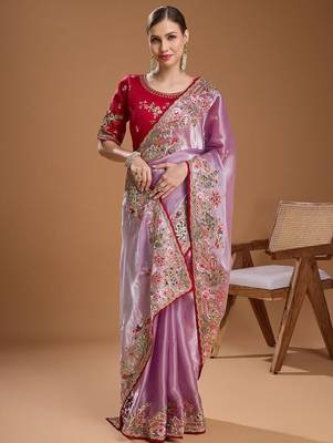 Lavender jimmychoo embroidery work saree with unstitched blosue piece 4