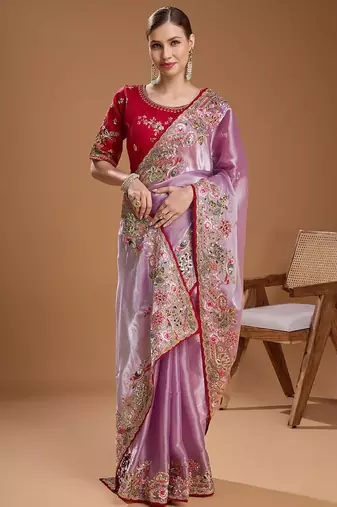 Lavender jimmychoo embroidery work saree with unstitched blosue piece