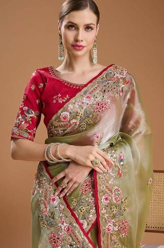 Green jimmychoo embroidery work saree with unstitched blosue piece