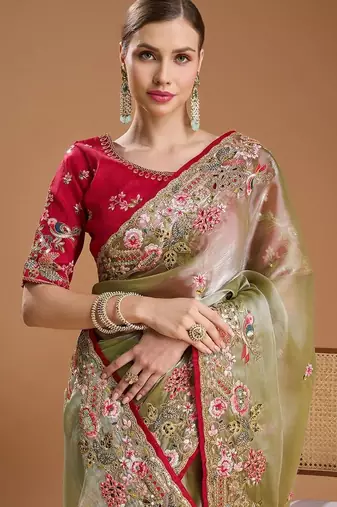 Green jimmychoo embroidery work saree with unstitched blosue piece