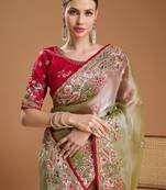 Green jimmychoo embroidery work saree with unstitched blosue piece