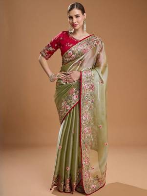 Green jimmychoo embroidery work saree with unstitched blosue piece 2