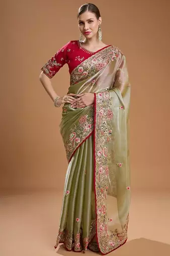 Green jimmychoo embroidery work saree with unstitched blosue piece