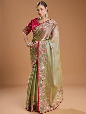 Green jimmychoo embroidery work saree with unstitched blosue piece 3