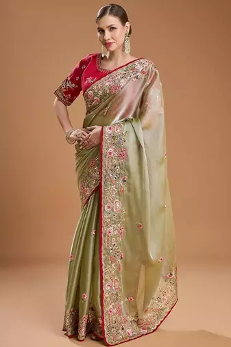 Green jimmychoo embroidery work saree with unstitched blosue piece