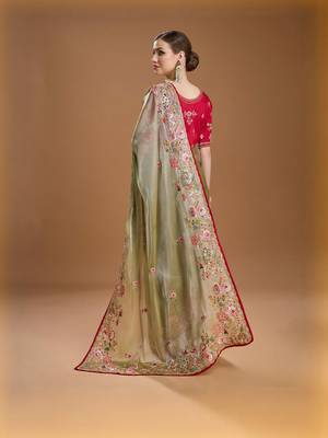Green jimmychoo embroidery work saree with unstitched blosue piece 4
