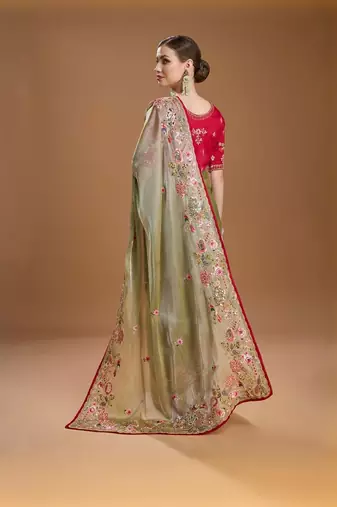 Green jimmychoo embroidery work saree with unstitched blosue piece