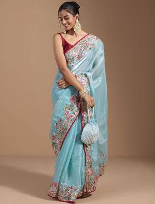 Blue jimmychoo embroidery work saree with unstitched blosue piece 1