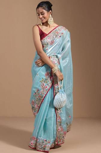 Blue jimmychoo embroidery work saree with unstitched blosue piece