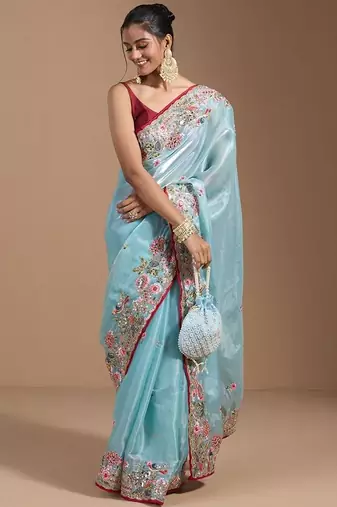 Blue jimmychoo embroidery work saree with unstitched blosue piece