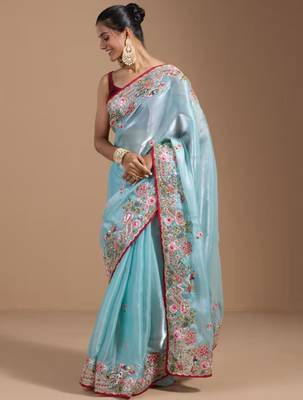 Blue jimmychoo embroidery work saree with unstitched blosue piece 2