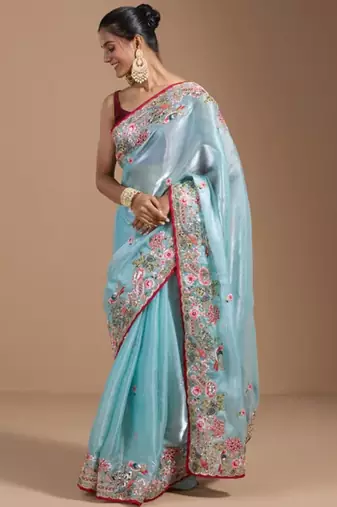 Blue jimmychoo embroidery work saree with unstitched blosue piece