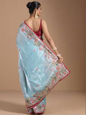Blue jimmychoo embroidery work saree with unstitched blosue piece 3