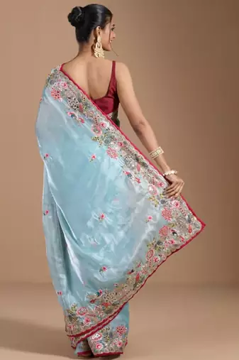 Blue jimmychoo embroidery work saree with unstitched blosue piece