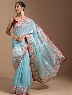 Blue jimmychoo embroidery work saree with unstitched blosue piece 4