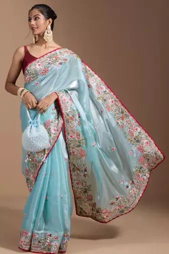 Blue jimmychoo embroidery work saree with unstitched blosue piece