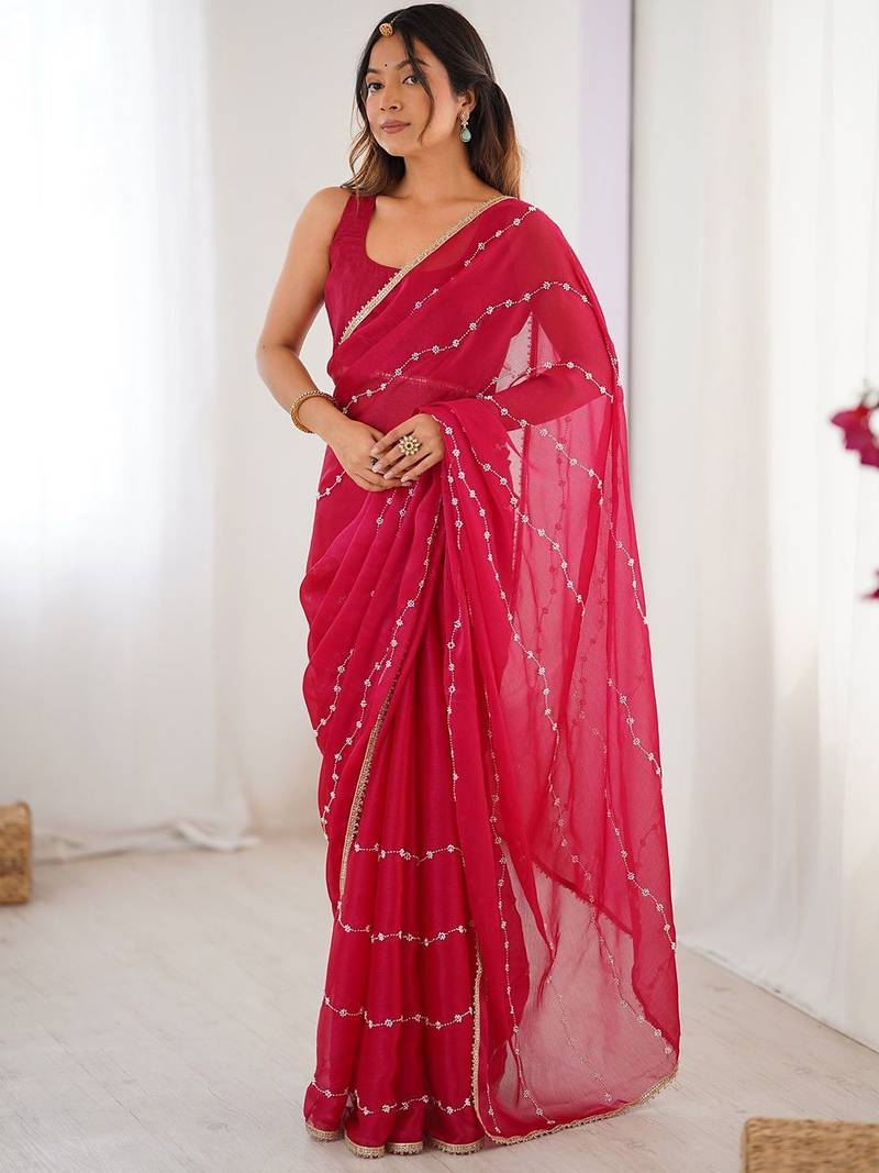Pink embellished beads and stones saree