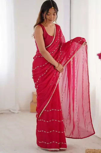 Pink embellished beads and stones saree