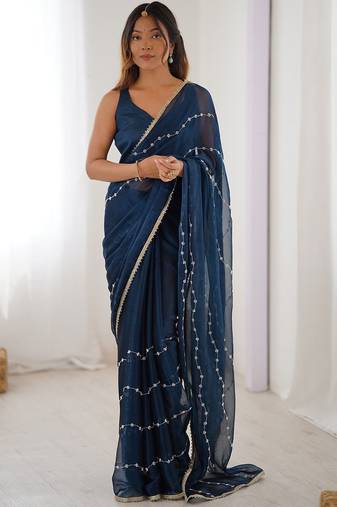 Navy blue embellished beads and stones saree with blouse piece