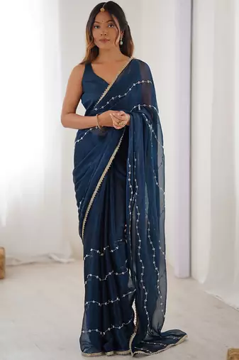 Navy blue embellished beads and stones saree with blouse piece