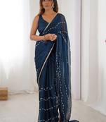 Navy blue embellished beads and stones saree with blouse piece