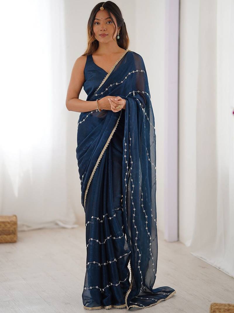 Navy blue embellished beads and stones saree with blouse piece