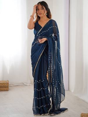 Navy blue embellished beads and stones saree with blouse piece 2