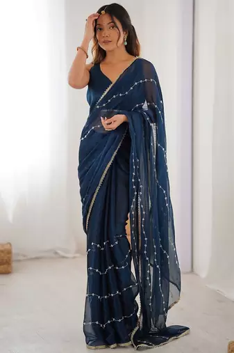 Navy blue embellished beads and stones saree with blouse piece