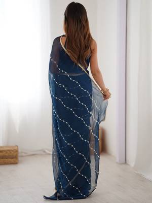 Navy blue embellished beads and stones saree with blouse piece 3