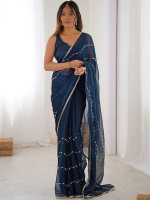 Navy blue embellished beads and stones saree with blouse piece 4