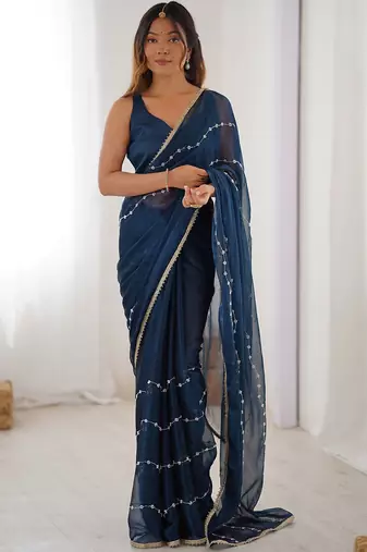 Navy blue embellished beads and stones saree with blouse piece